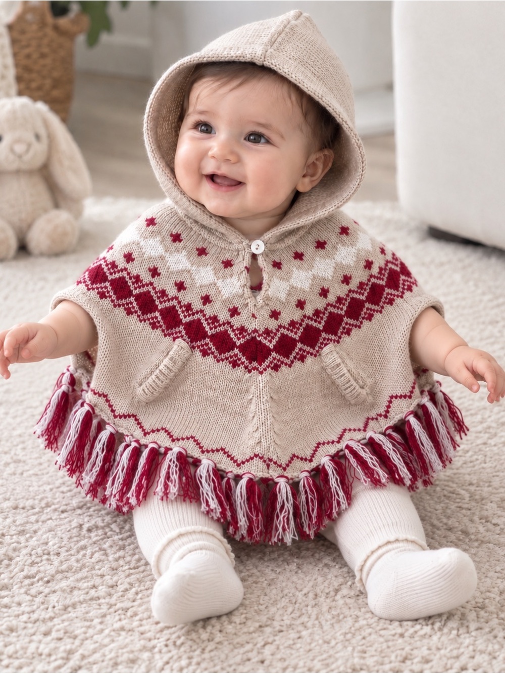 Baby coat jacket poncho 3/6 months Burberry hood removable gloves small hole red
